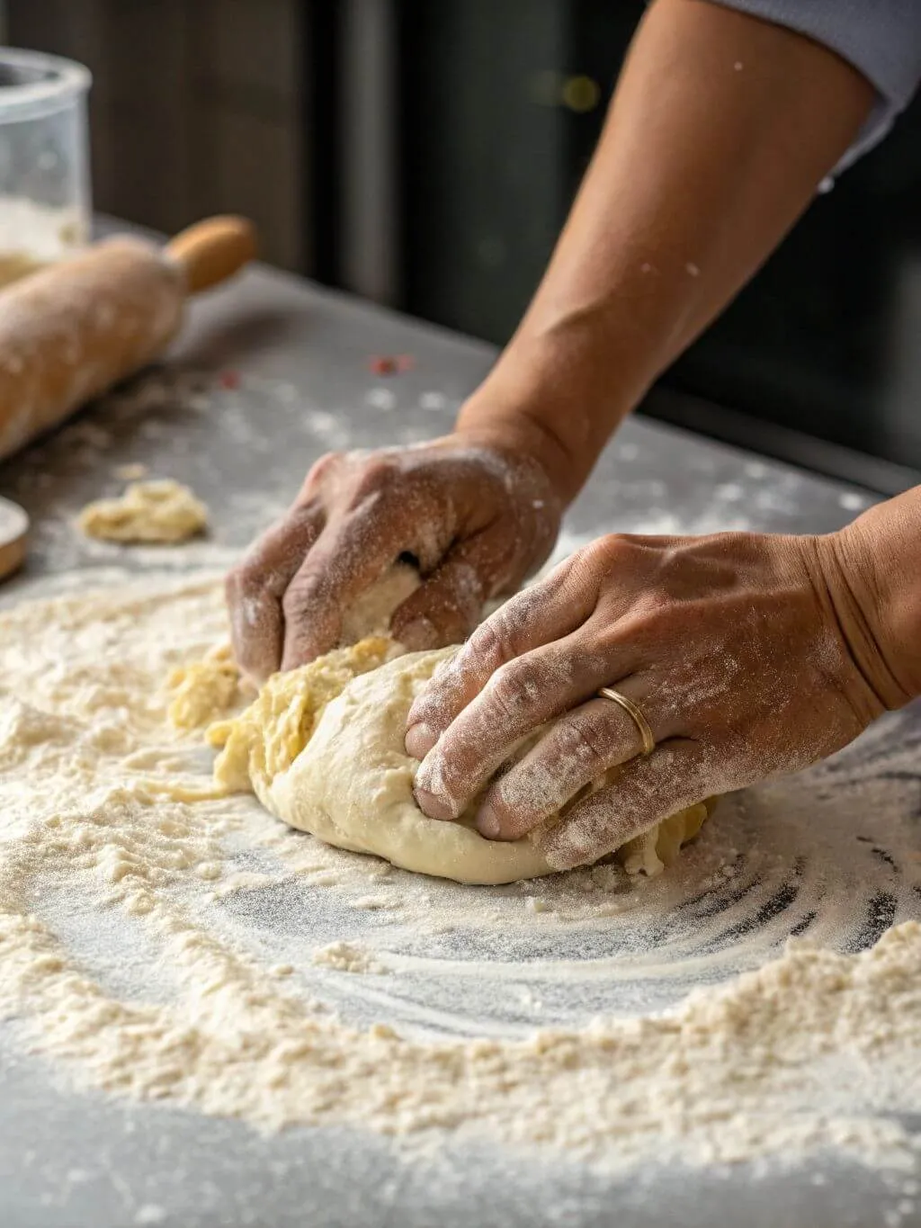 Kneading the Dough Hands kneading homemade noodle dough on a floured surface