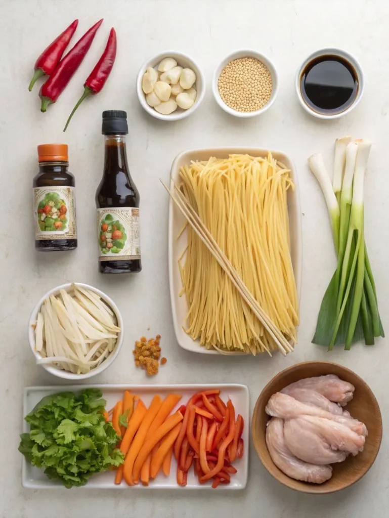 Flat lay of fresh ingredients for homemade Lo Mein noodles, including Chinese egg noodles, soy sauce, oyster sauce, garlic, ginger, green onions, carrots, bell peppers, and raw chicken.