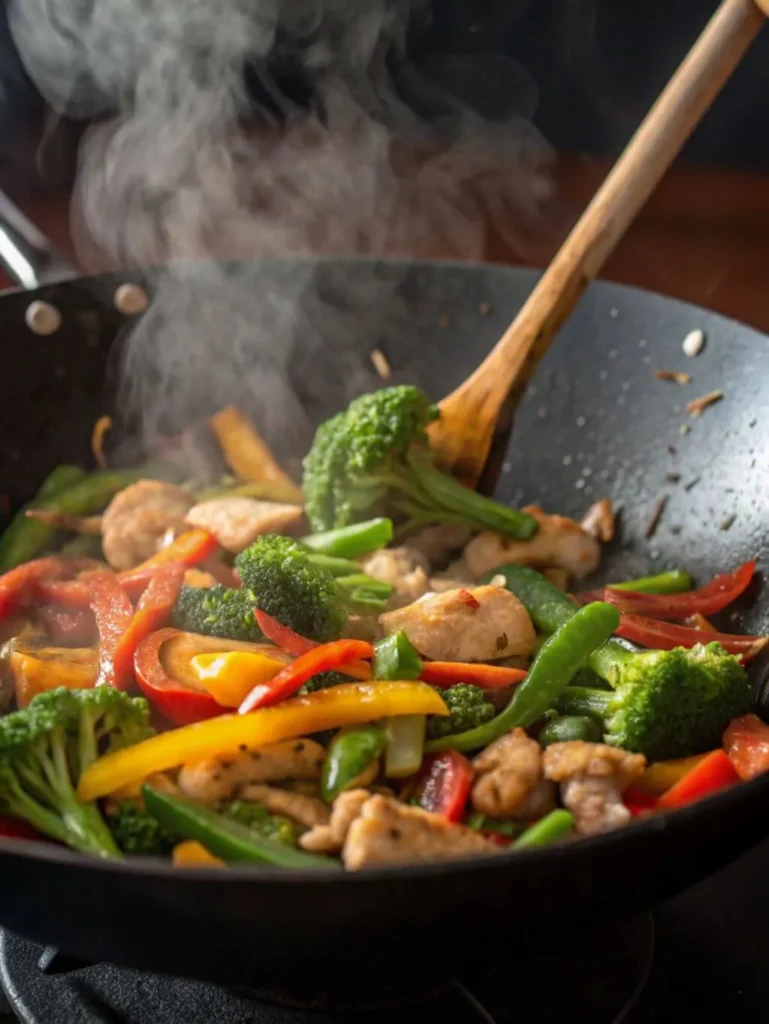 A wooden spoon stirring colorful vegetables and chicken in a hot wok, showing the stir-frying process for Lo Mein.