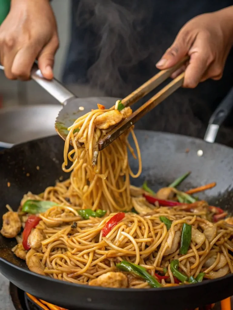 Hands using tongs to toss steaming Lo Mein noodles with chicken and vegetables in a hot wok, showing the cooking process.