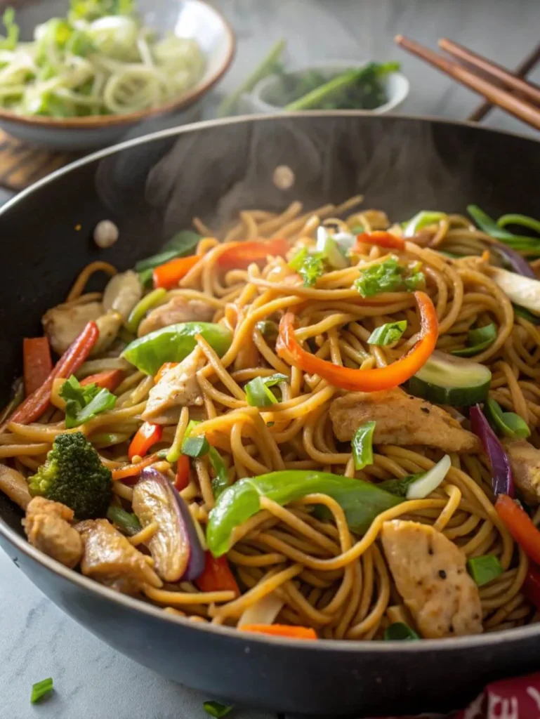 Lo Mein noodles with chicken and mixed vegetables in a large black wok, ready to be served, with steam rising.