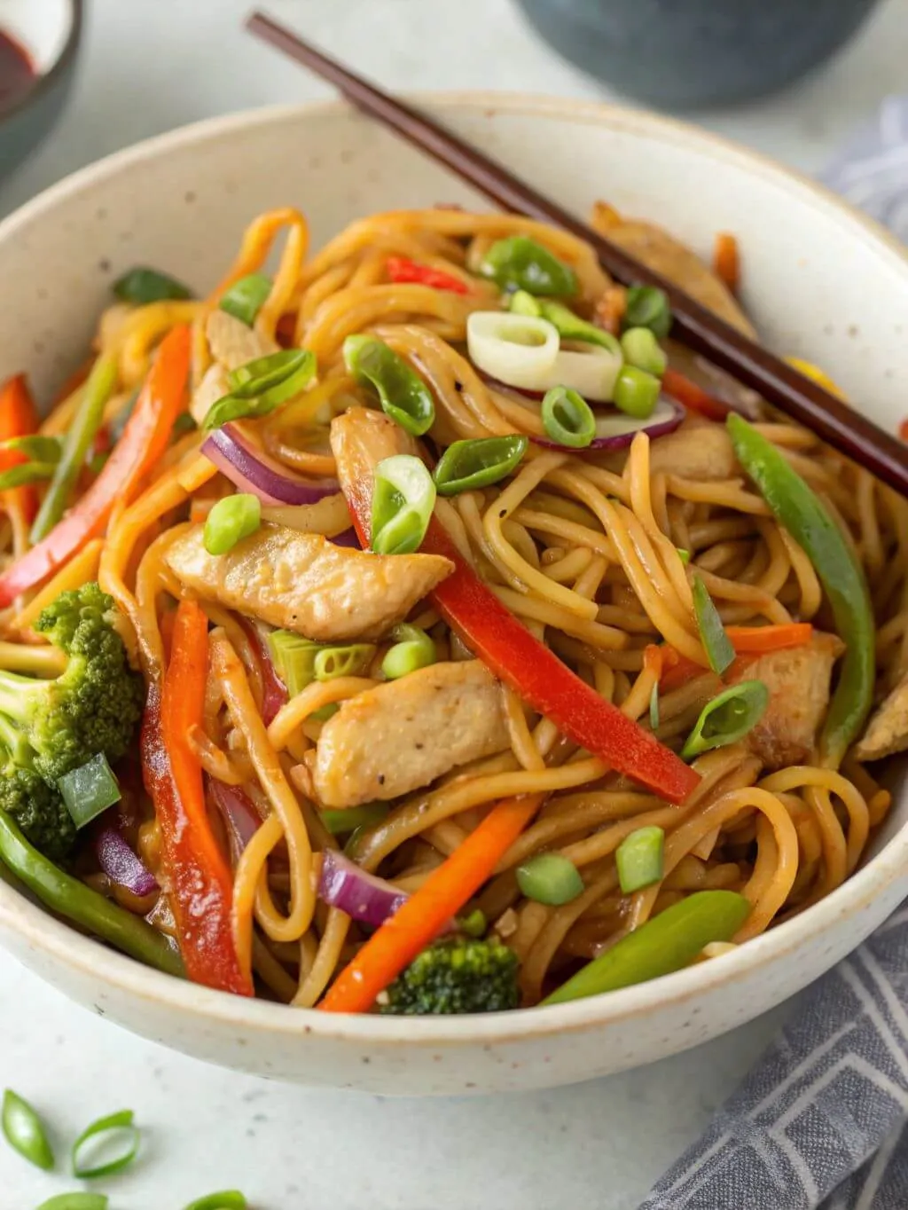 Close-up of a vibrant bowl of homemade Lo Mein noodles with chicken, red bell peppers, green onions, and broccoli, garnished with fresh herbs and chopsticks resting on the side.