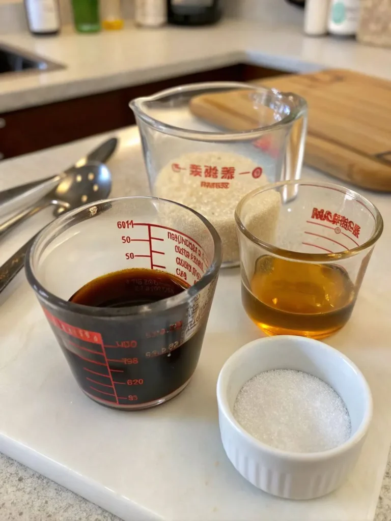 Ingredients for somen noodle dipping sauce in measuring cups—soy sauce, mirin, dashi stock, and sugar
