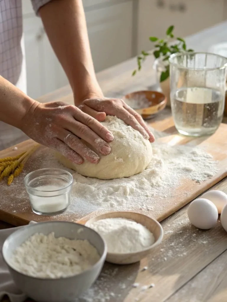 Hands kneading soft noodle dough on a floured wooden surface with water and flour bowls nearby