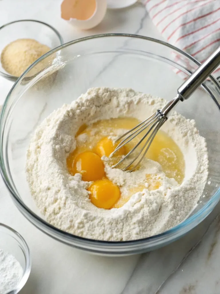 Mixing flour, eggs, and a whisk in a clear glass bowl to make homemade noodle dough.