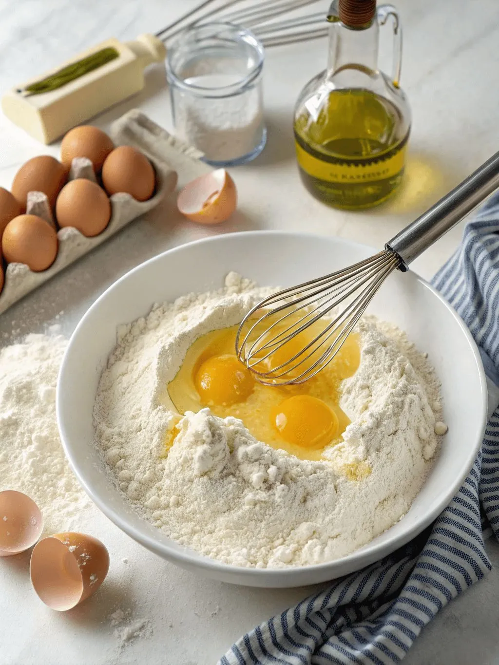 Make the dough Raw eggs in a well of flour with a whisk, beginning of pasta dough