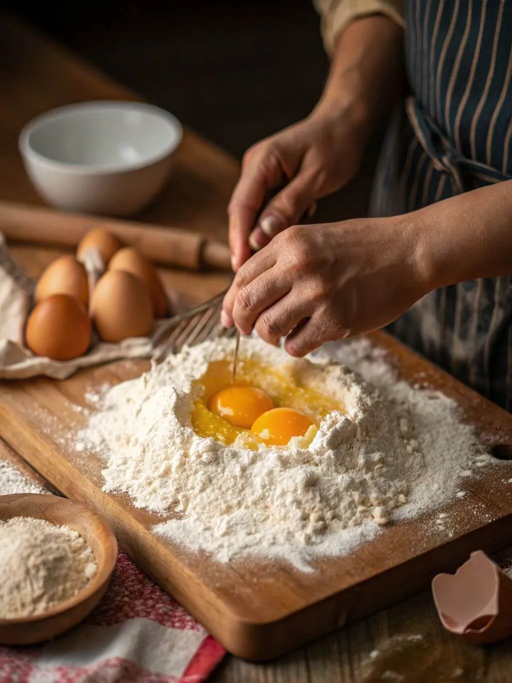 Mixing the Dough Eggs being mixed into a flour well on a wooden board for fresh noodles