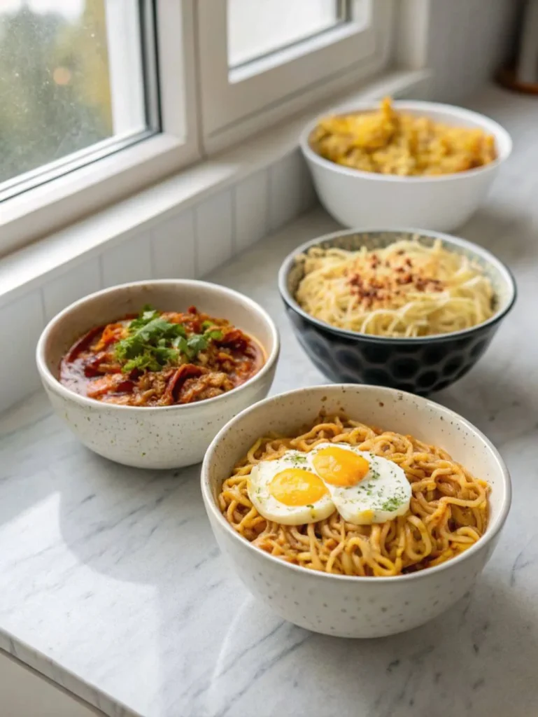 Four bowls of modern noodle dishes are arranged on a white marble countertop near a window. In the foreground, a white speckled bowl contains noodles topped with two halved hard-boiled eggs and green herbs. To its left, a similar white bowl holds a vibrant red stew with meat and green cilantro, possibly a chili-infused noodle dish. Behind these, two darker bowls are visible: one black, containing light-colored noodles with red seasoning, and another white bowl in the far back, filled with what appears to be yellow, sauced noodles. The natural light from the window illuminates the dishes, highlighting their textures and colors.