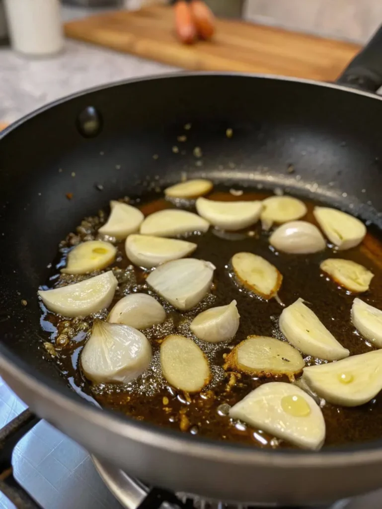 A close-up shot of a black frying pan on a stovetop, containing sliced garlic and possibly ginger, sizzling in hot oil. The garlic pieces are light golden brown and appear to be caramelizing, with oil bubbling around them. The background is a blurred kitchen counter and a wooden cutting board with some vegetables.
