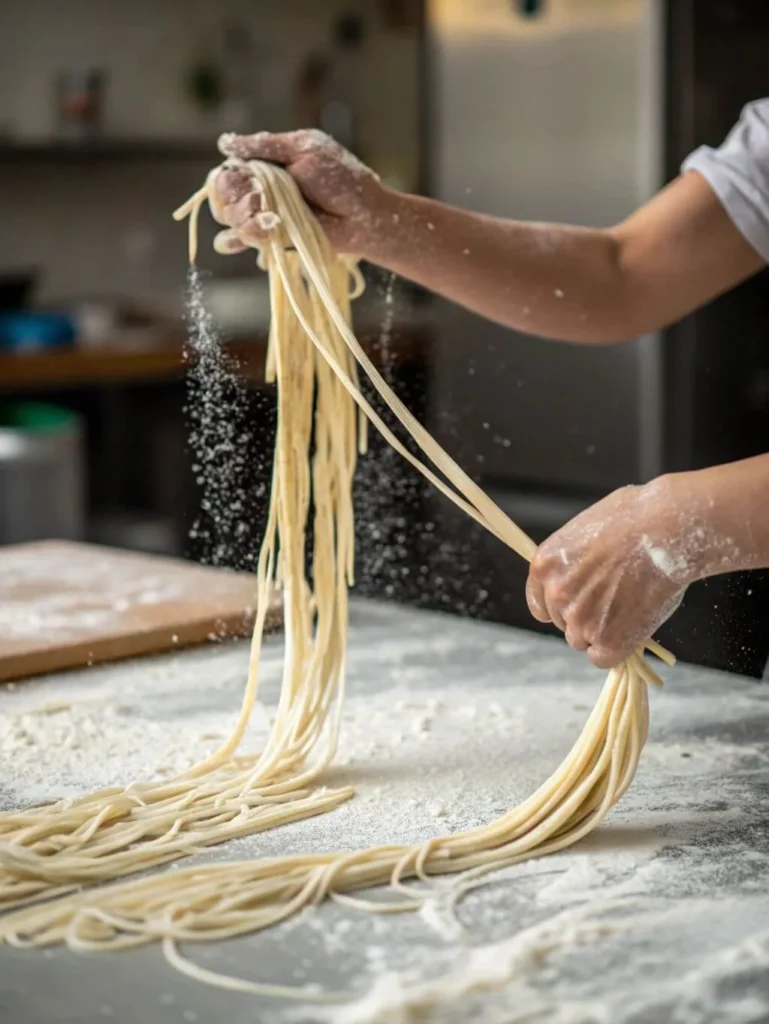 Chef pulling long strands of fresh noodles over a floured surface