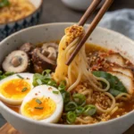 Close-up of homemade ramen noodle bowl with egg and vegetables
