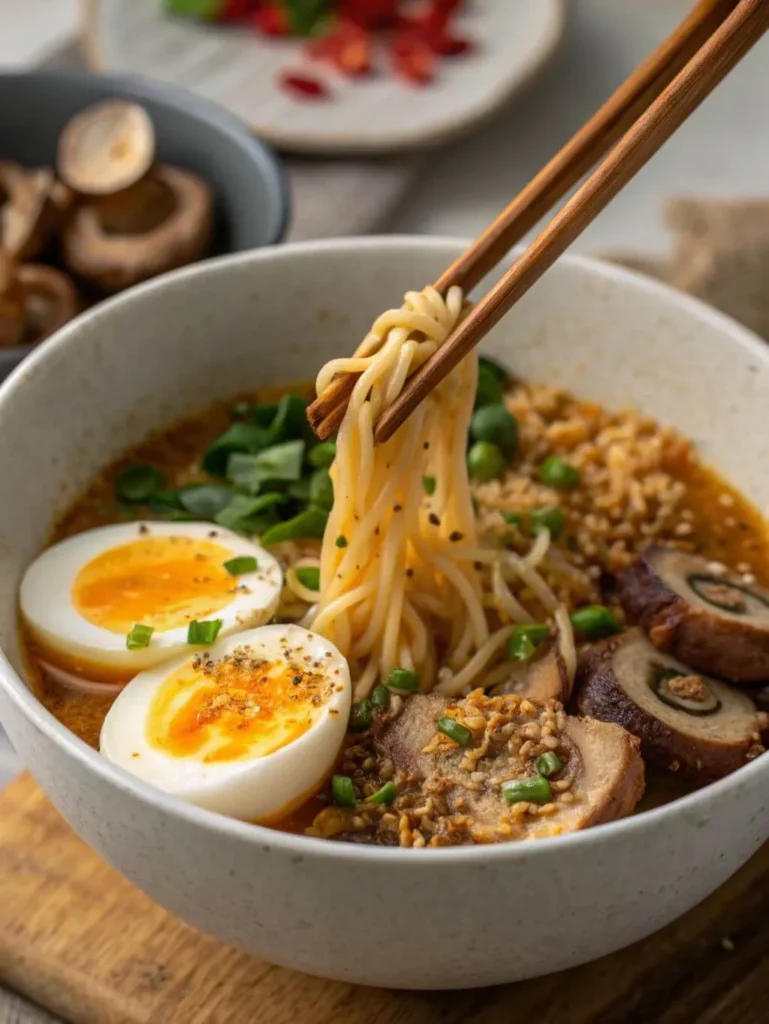 Close-up of assorted toppings for ramen noodles