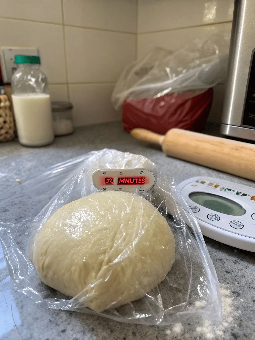Rest Ball of pasta dough resting in plastic wrap with a timer showing 30 minutes