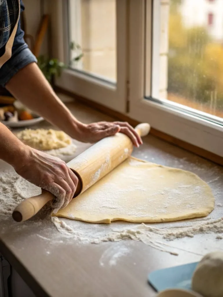 Hands rolling out homemade noodle dough thinly on a floured kitchen counter with a wooden rolling pin.