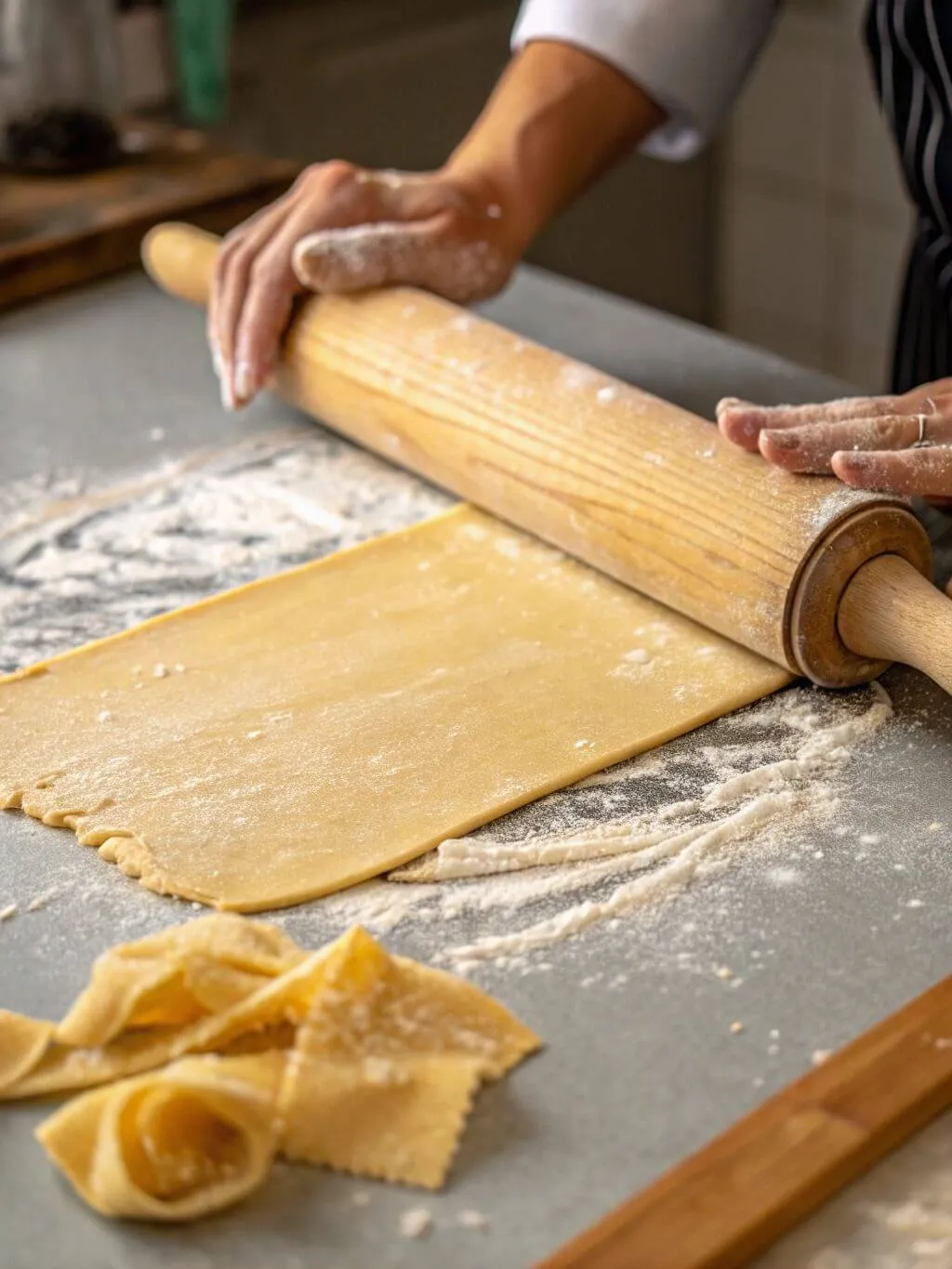 Rolling Out the Dough Rolling homemade egg noodle dough with a wooden rolling pin