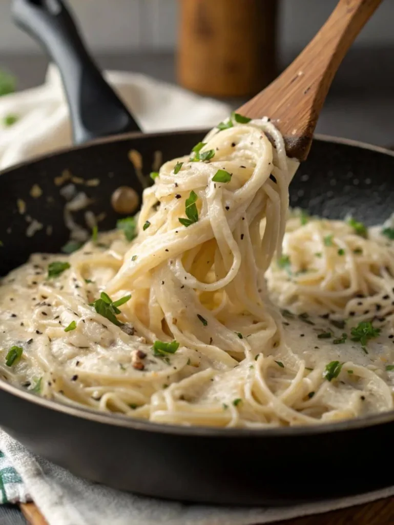 Creamy shirataki noodles being served from a pan with a wooden spoon, garnished with fresh parsley and black pepper.
