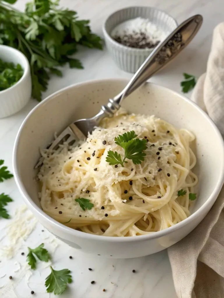 Bowl of creamy shirataki noodles garnished with fresh parsley and black peppercorns, ready to serve.