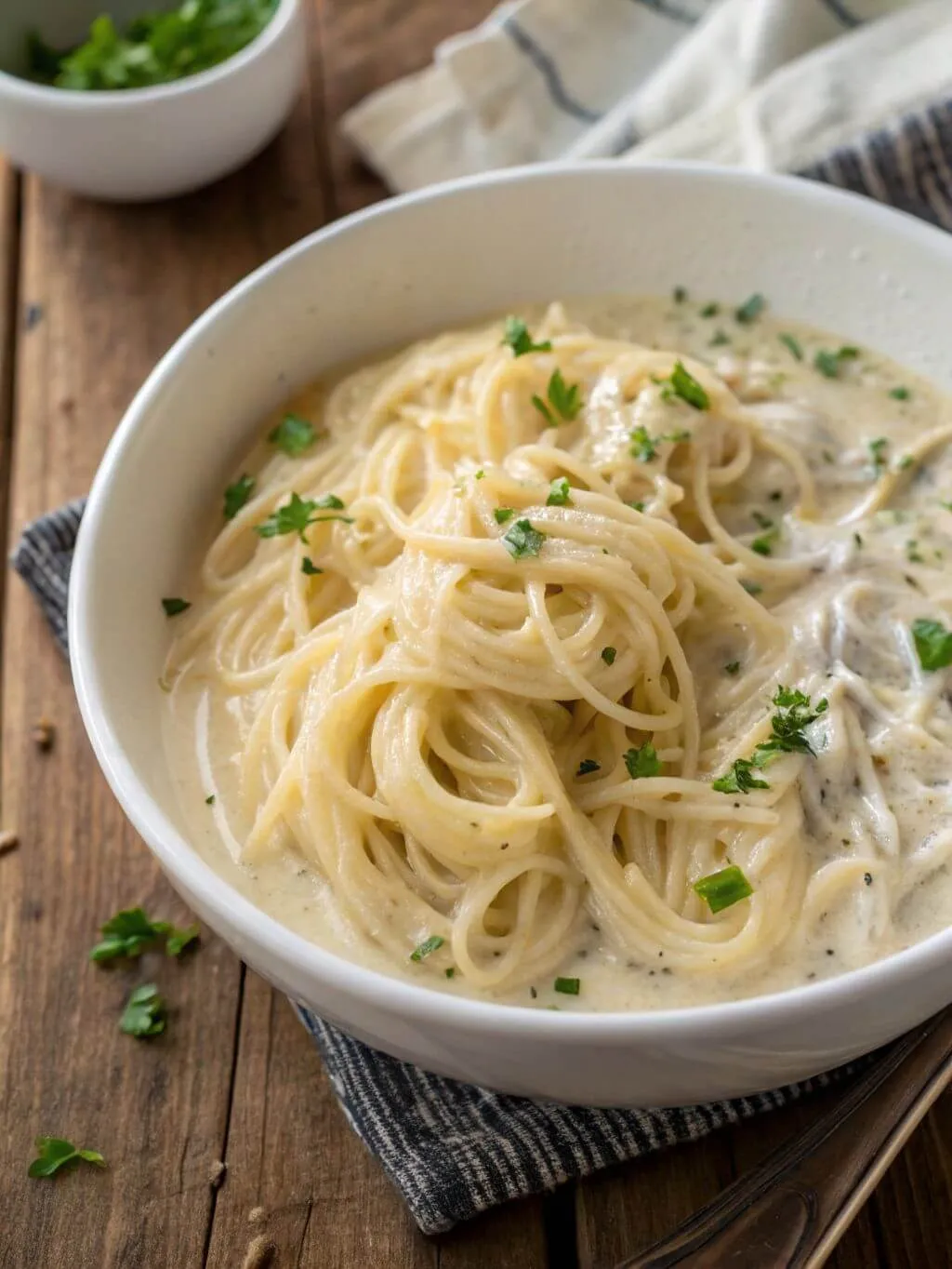 Bowl of creamy shirataki noodles with sauce, garnished with fresh chopped herbs on a rustic wooden table.
