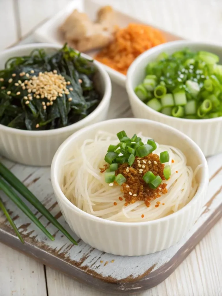 Individual bowls of somen noodles topped with scallions, sesame, seaweed, and ginger