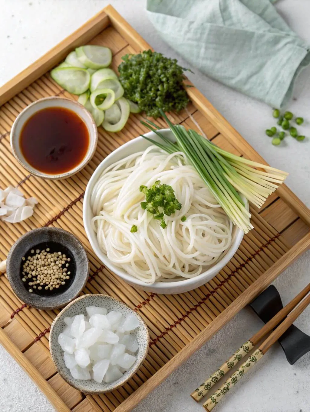 Chilled somen noodles served with dipping sauce, cucumber, green onions, seaweed, sesame, and ice on a bamboo tray