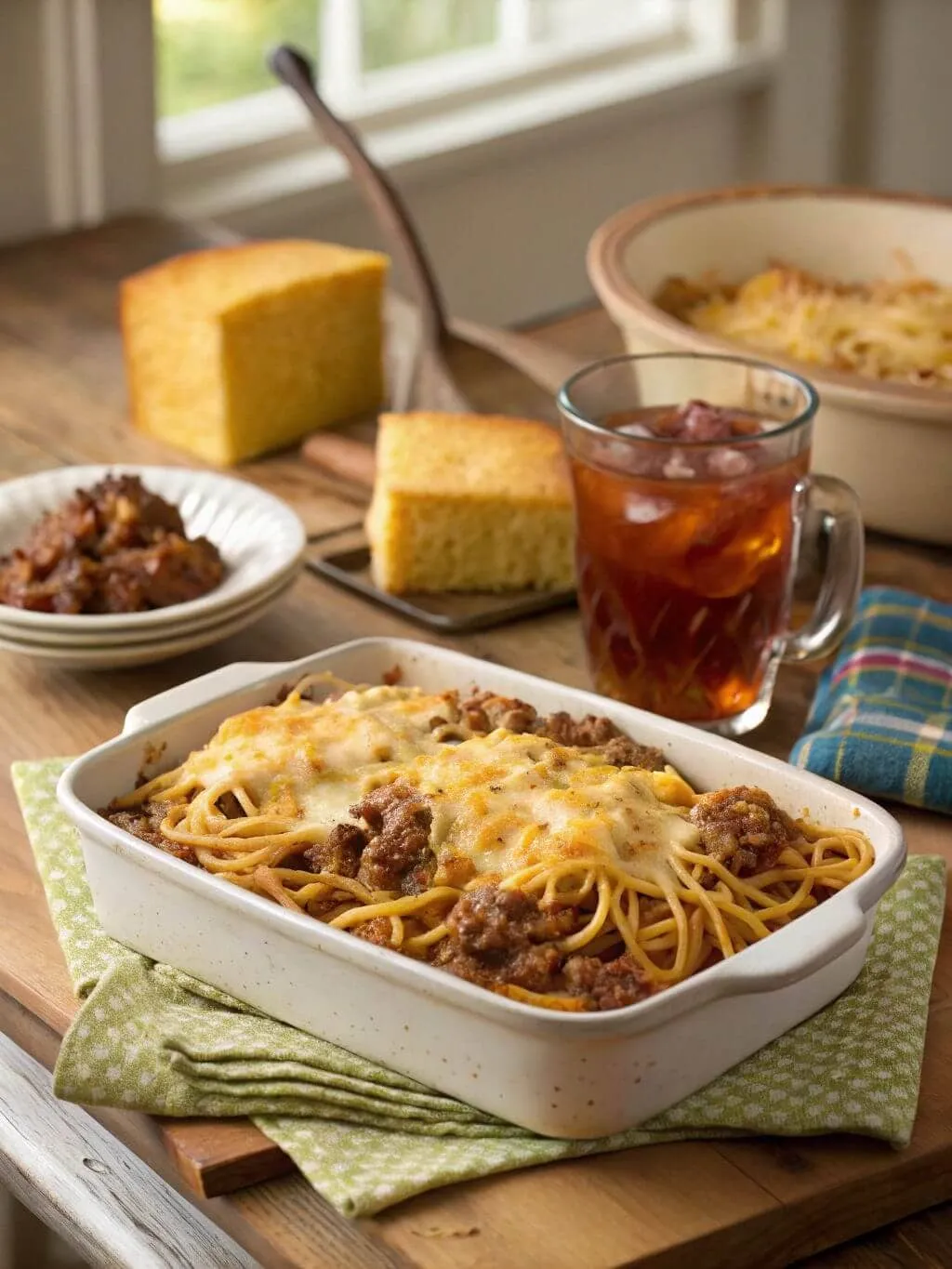 Southern Soul Food Spaghetti Baked Southern-style spaghetti casserole with cheese and meat sauce