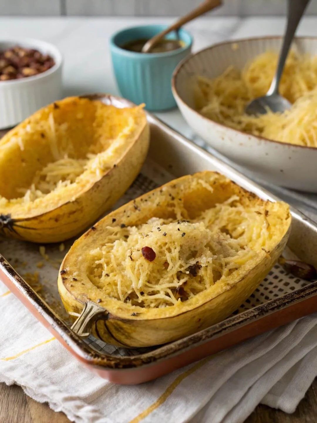 Spaghetti Squash Roasted spaghetti squash halves with fork and sauce on side
