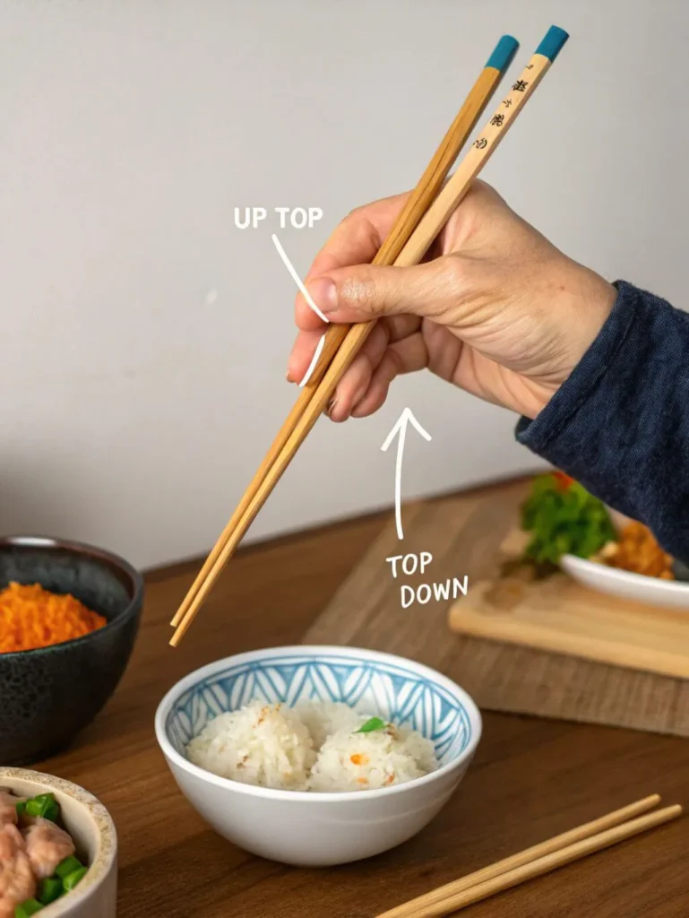 A person's right hand demonstrates how to move the top chopstick. The hand holds two light-colored wooden chopsticks with blue tips. White arrows and text overlays indicate "UP TOP" pointing to the upward motion of the top chopstick, and "TOP DOWN" pointing to the downward motion. Below the chopsticks, a blue and white patterned bowl contains white rice. In the blurred background, other bowls with food are visible on a wooden table.