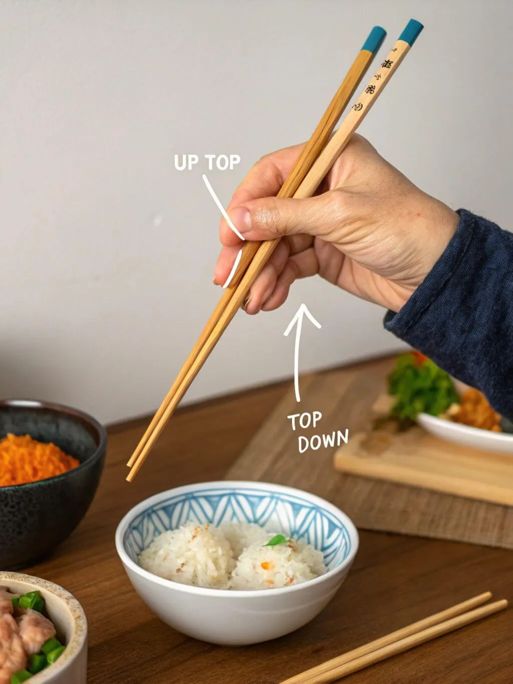 A person's right hand demonstrates how to move the top chopstick. The hand holds two light-colored wooden chopsticks with blue tips. White arrows and text overlays indicate "UP TOP" pointing to the upward motion of the top chopstick, and "TOP DOWN" pointing to the downward motion. Below the chopsticks, a blue and white patterned bowl contains white rice. In the blurred background, other bowls with food are visible on a wooden table.
