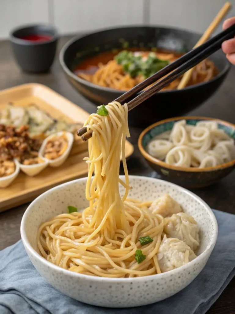 A close-up shot captures chopsticks lifting a tangle of noodles from a white bowl. The bowl contains light-colored noodles and several dumplings. In the blurred background, other dishes are visible: a black bowl with noodles and soup, a wooden tray with a fish dish, and a small blue bowl with white ring-shaped food. A blue napkin is beneath the foreground bowl.