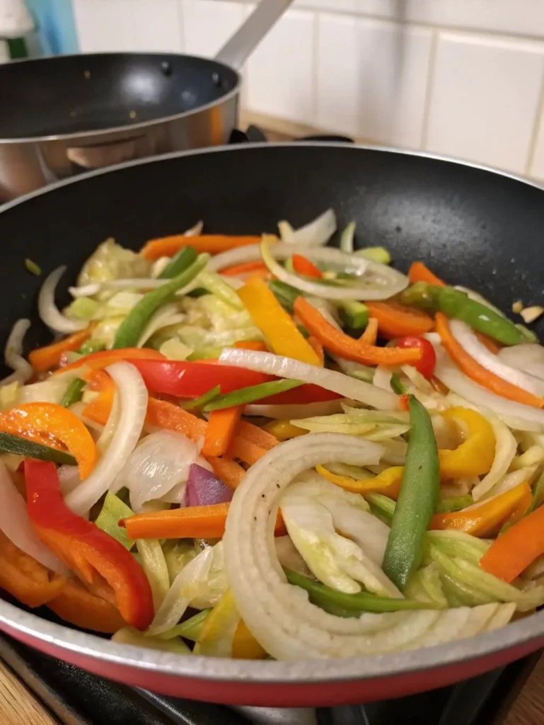 A close-up shot of a black frying pan filled with a colorful mix of sliced vegetables actively being stir-fried. Visible vegetables include white onion rings, red and yellow bell peppers, green snap peas, and shredded green cabbage. The vegetables appear lightly cooked, with some natural glistening. Another empty pan is partially visible in the blurred background on a kitchen stovetop.
