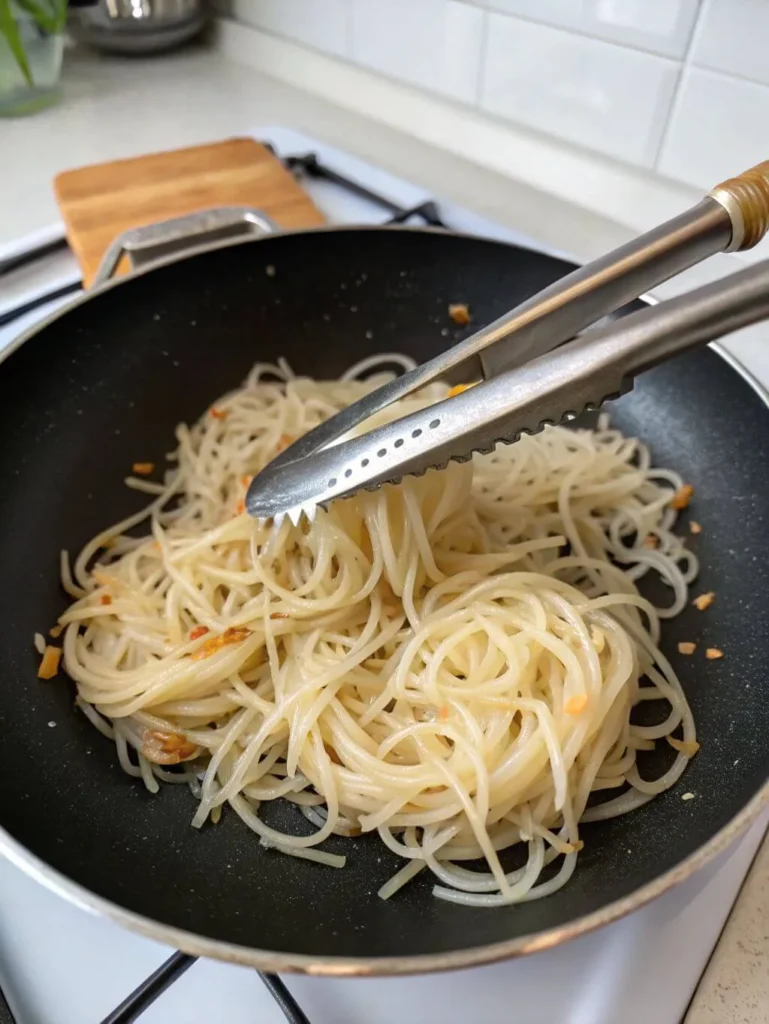 Spaghetti noodles being tossed with tongs in a non-stick pan, lightly stir-fried with minced garlic or other aromatics.