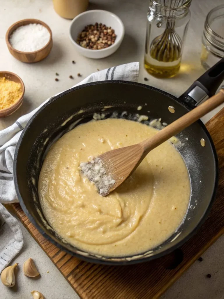 Thickening a creamy sauce in a pan with grated Parmesan cheese, stirred by a wooden spoon, with ingredients scattered around.