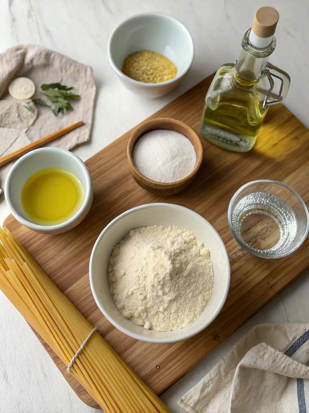 Vegan Pasta Noodles recipe ingredients Flat lay of vegan pasta ingredients on a wooden board