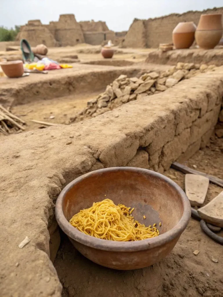 A historical archaeological site with a large, ancient clay bowl filled with very well-preserved, stringy, light-yellow noodles, sitting prominently in the foreground. The bowl is placed on a raised dirt structure. In the background, the excavation site reveals ancient mud-brick ruins, partial walls, and other clay pottery pieces scattered across the dusty landscape under an overcast sky. The scene suggests a significant archaeological discovery.