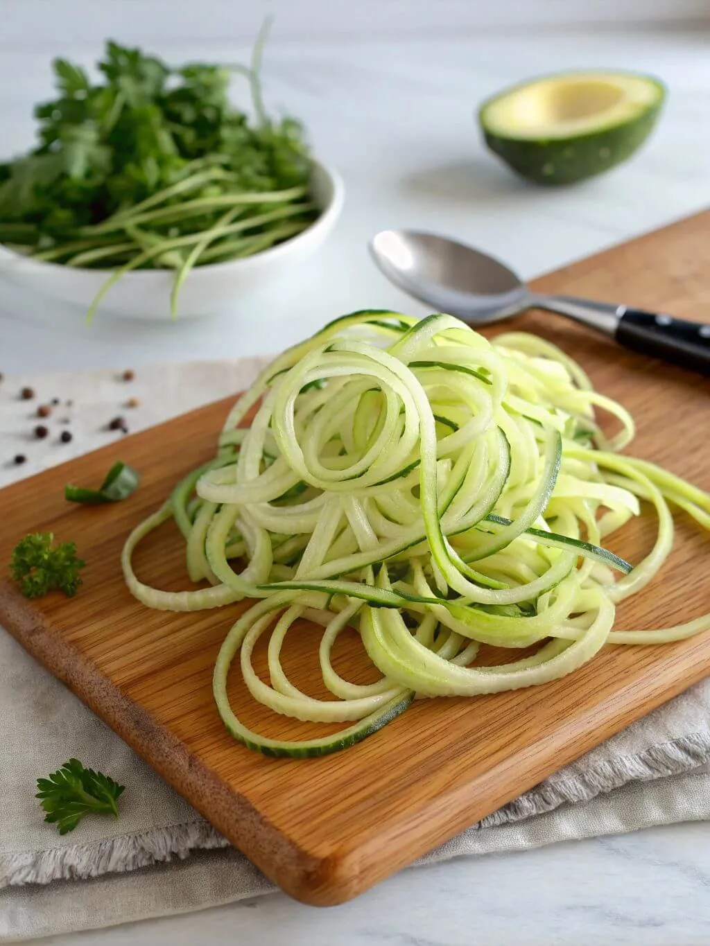 Zucchini Noodles Spiralized zucchini noodles on a wooden board with herbs