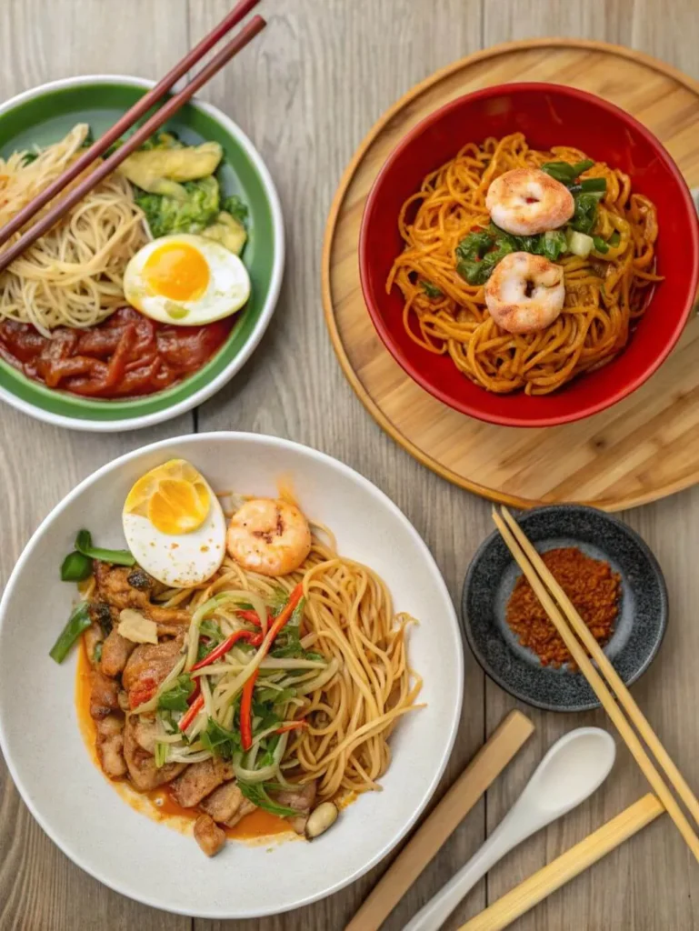 A vibrant overhead shot displaying three distinct noodle dishes arranged on a light wooden table. In the top-left, a green-rimmed bowl contains thin noodles, a dollop of red sauce, some vegetables, and a halved hard-boiled egg. In the top-right, a bright red bowl holds sauced noodles topped with two cooked shrimp and chopped green onions. In the bottom-left, a large white bowl features noodles, a mix of meat and vegetables in a savory sauce, bean sprouts, red chili slices, and a halved hard-boiled egg with two shrimp. Various chopsticks, a spoon, and a small black plate with red spice are also visible.