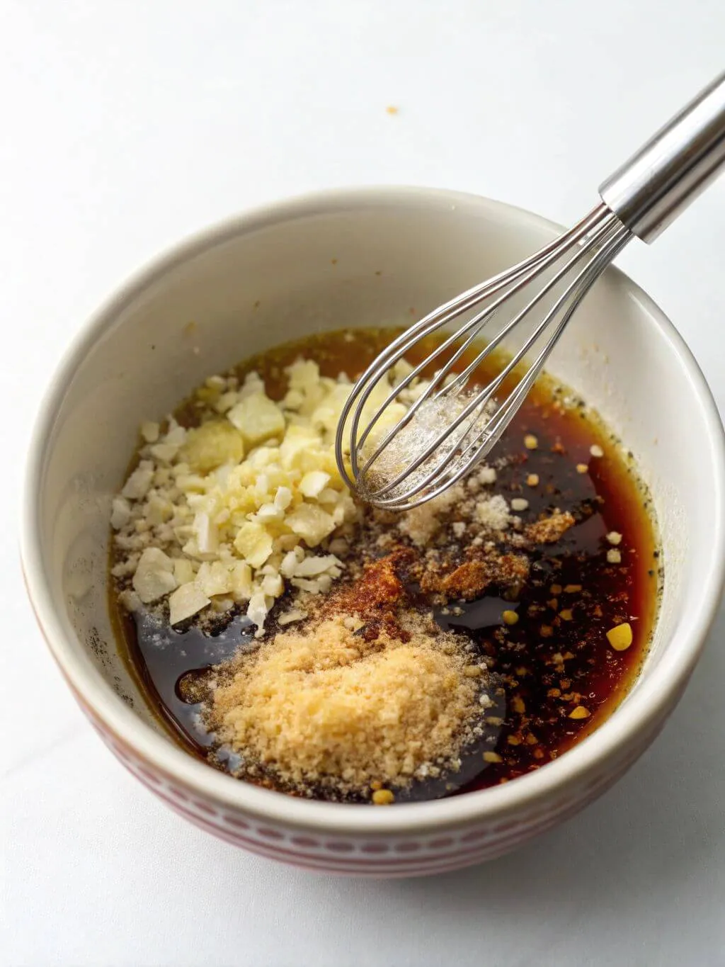 a-small-bowl-with-sesame-oil--soy-sauce-vinegar Sesame soba noodle dressing with garlic, ginger, soy sauce, and sesame oil in a bowl