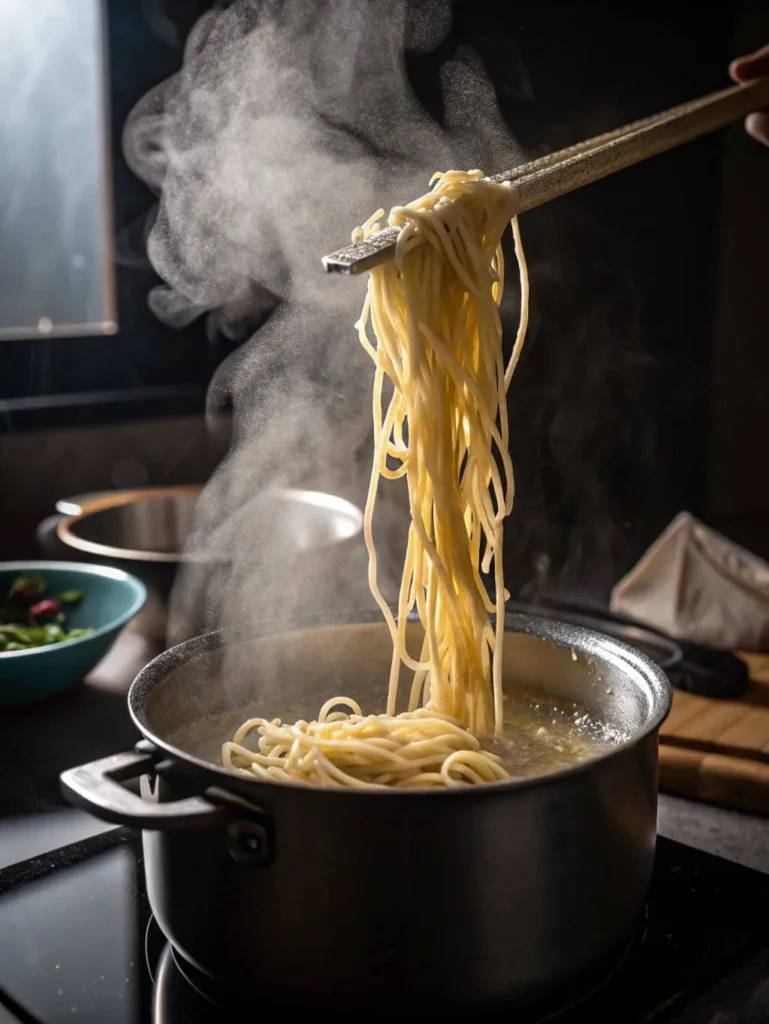 Steaming noodles being lifted from a boiling pot with chopsticks