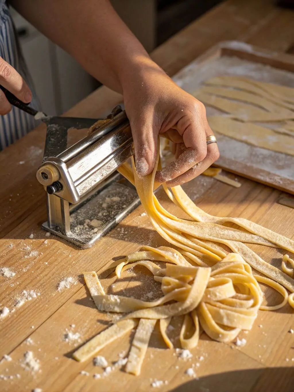cut-vegan-pasta-dough-into-f vCutting vegan pasta dough into noodles using a pasta machine