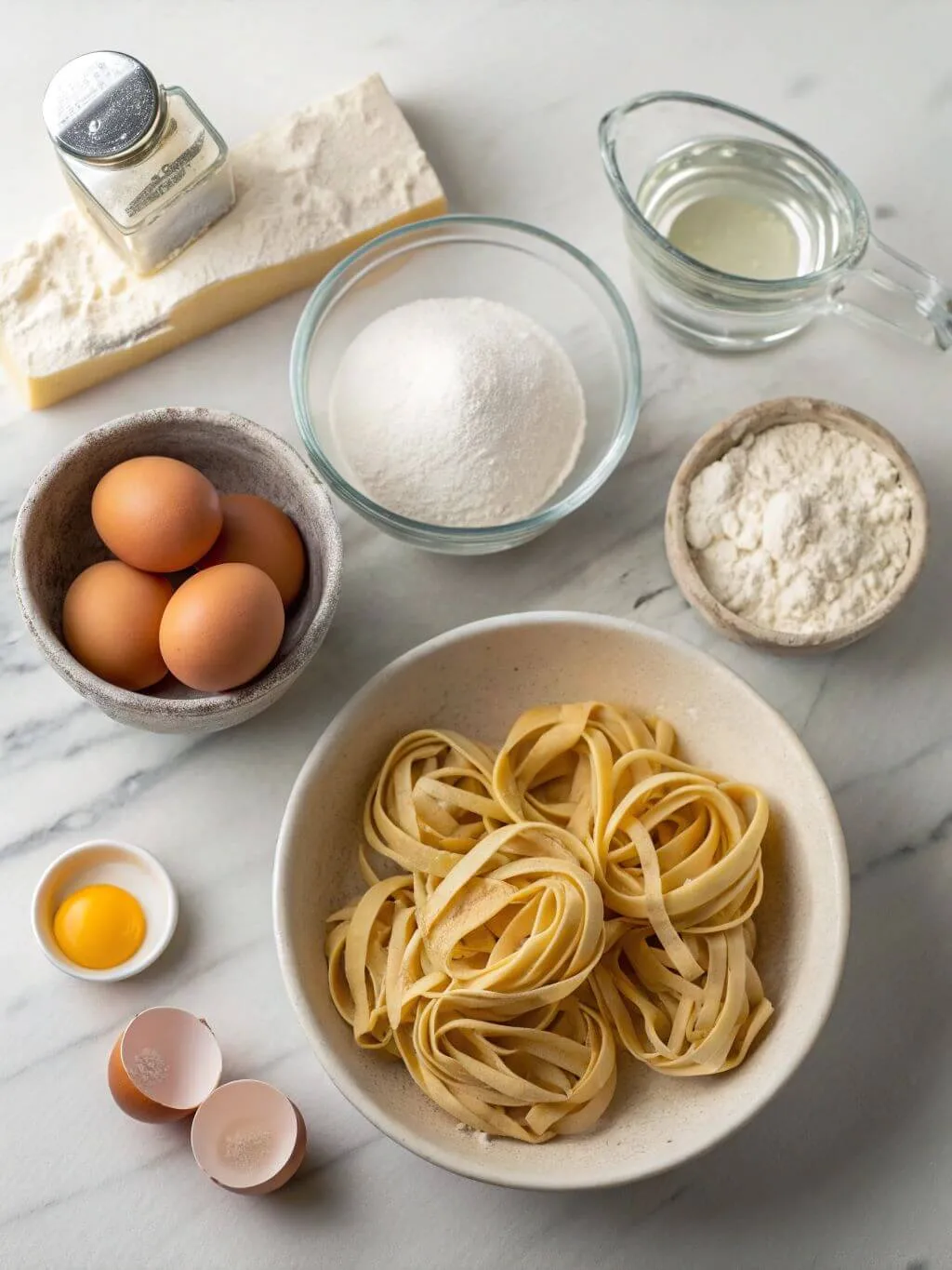 -flat-lay-of-ingredients-for-homemade-egg Eggs, flour, salt, and water displayed on a marble counter for homemade egg noodles