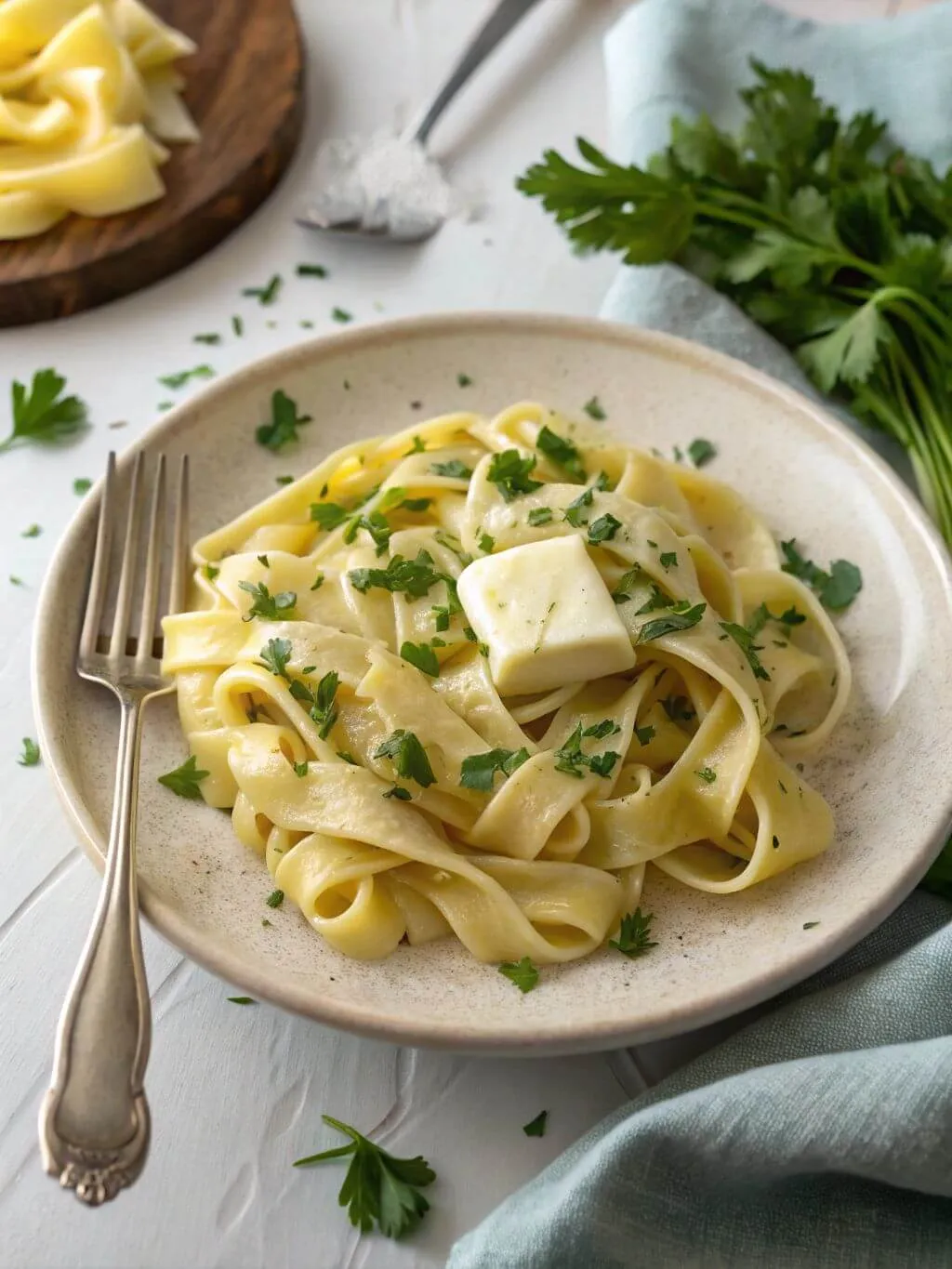 Homemade egg noodles served with melted butter and fresh parsley on a plate