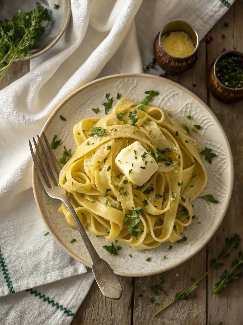 hommemade egg noodle Plate of homemade egg noodles on a wooden table with fresh herbs and cheese