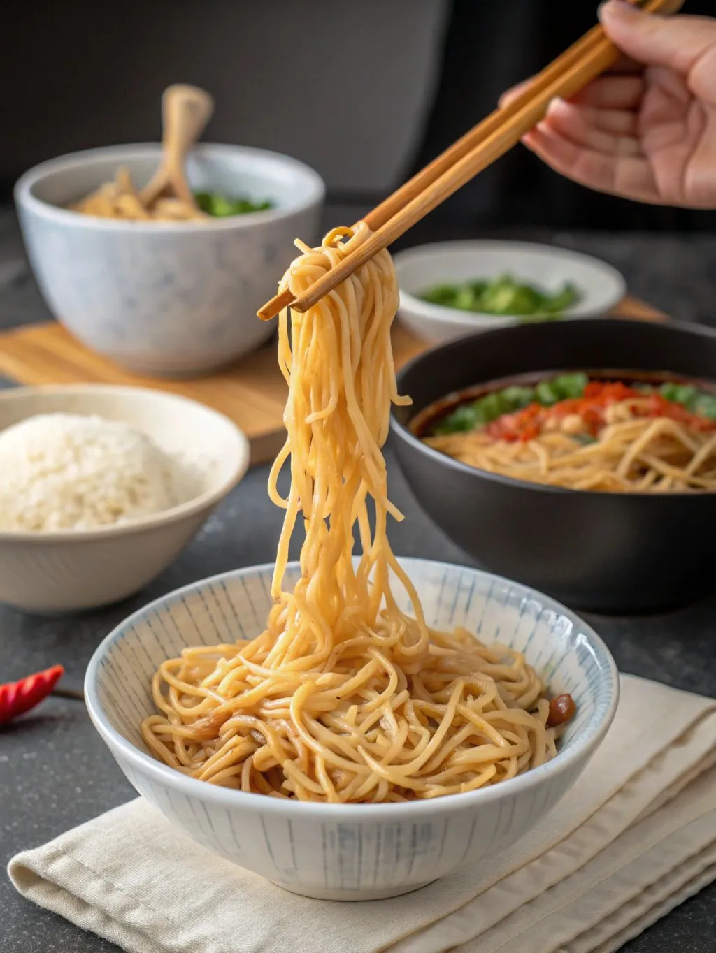 A close-up shot of a hand using wooden chopsticks to lift a generous tangle of golden-brown noodles from a patterned white and blue bowl in the foreground. The noodles are glossy and appear well-sauced. In the blurred background, several other Asian-style dishes are visible on a dark surface: a bowl of white rice, another bowl with reddish noodles and green garnishes, and a smaller dish with chopped green onions. A white napkin lies under the main noodle bowl.