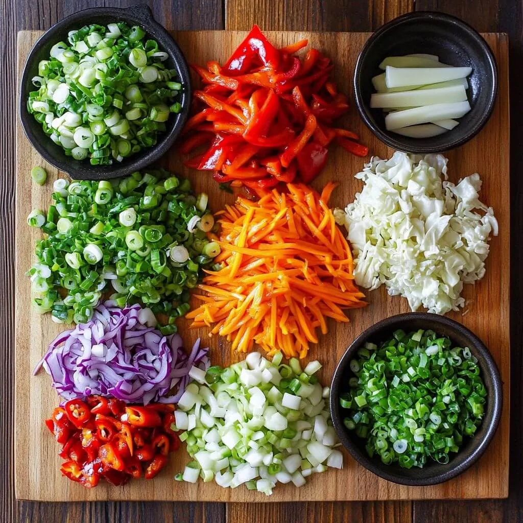 ingredients A top-down view of a large wooden cutting board meticulously organized with various chopped vegetables, ready for cooking. The board features piles of vibrant ingredients: finely chopped green onions in two separate black bowls, shredded red bell peppers, white celery sticks in a black bowl, shredded carrots, finely chopped white cabbage, shredded purple cabbage, thinly sliced red chili peppers, and diced green bell peppers or cucumber.