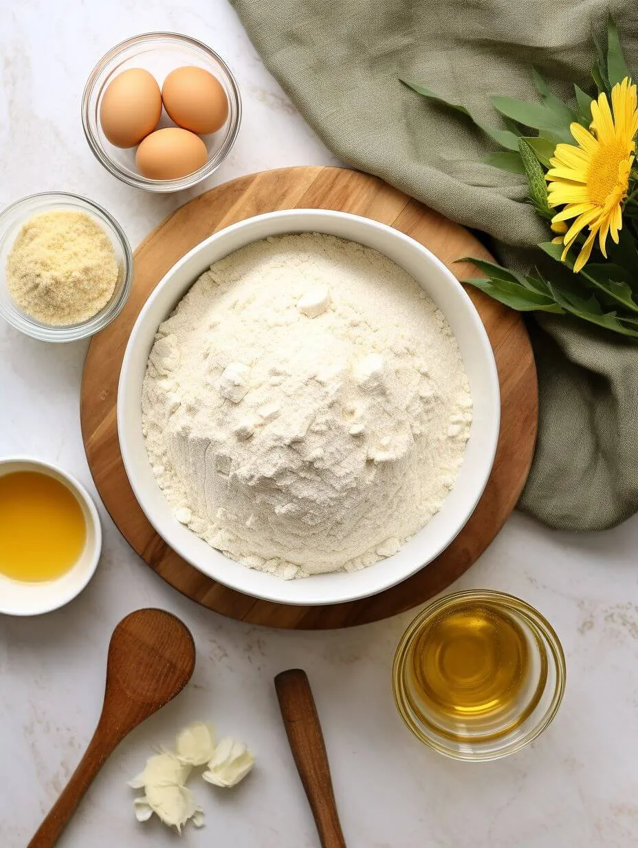 keto freindly ingredients Flat lay of almond flour, eggs, olive oil, and psyllium husk on a wood board
