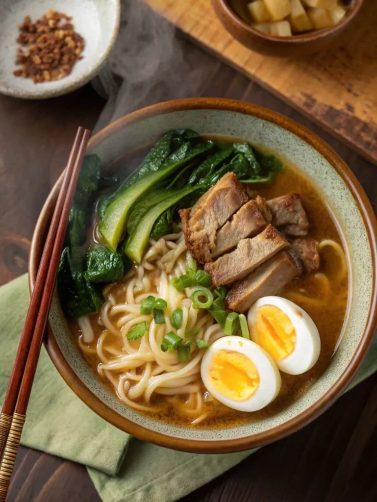 Hand-pulled lamian noodles in broth topped with braised pork, bok choy, scallions, and soft-boiled egg