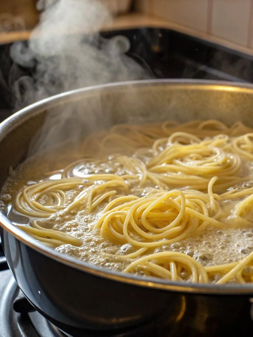 noodles-boiling-in-a-pot--slightly-submerged Noodles boiling in a large pot of water on the stove