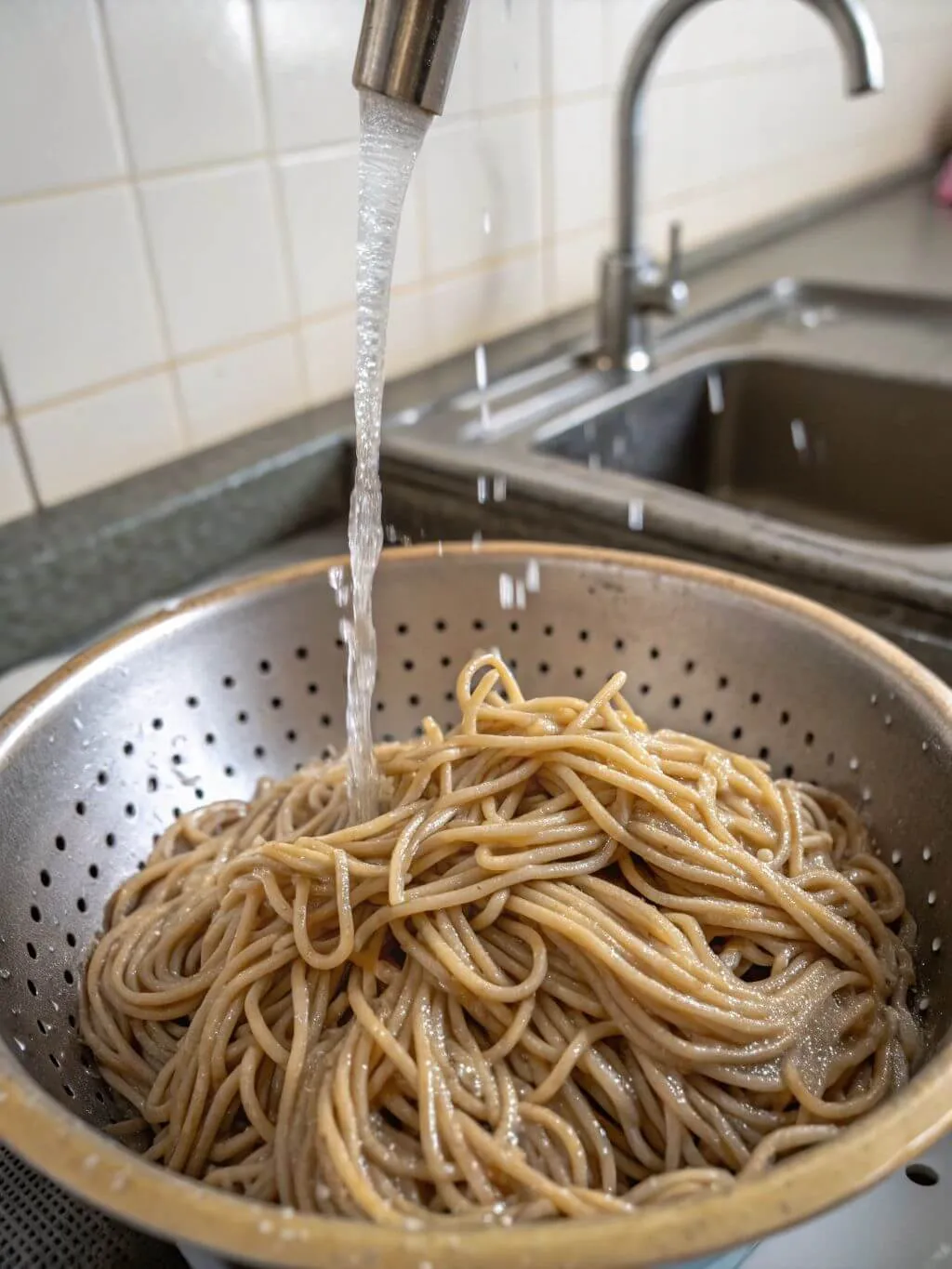 soba-noodles-being-rinsed-under-cold-running-water Cold water rinsing soba noodles in a metal colander at the sink