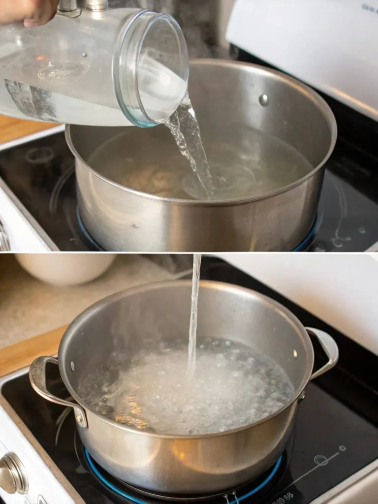 Boiling water in a stainless steel pot on a stove, with water being poured from a glass jar