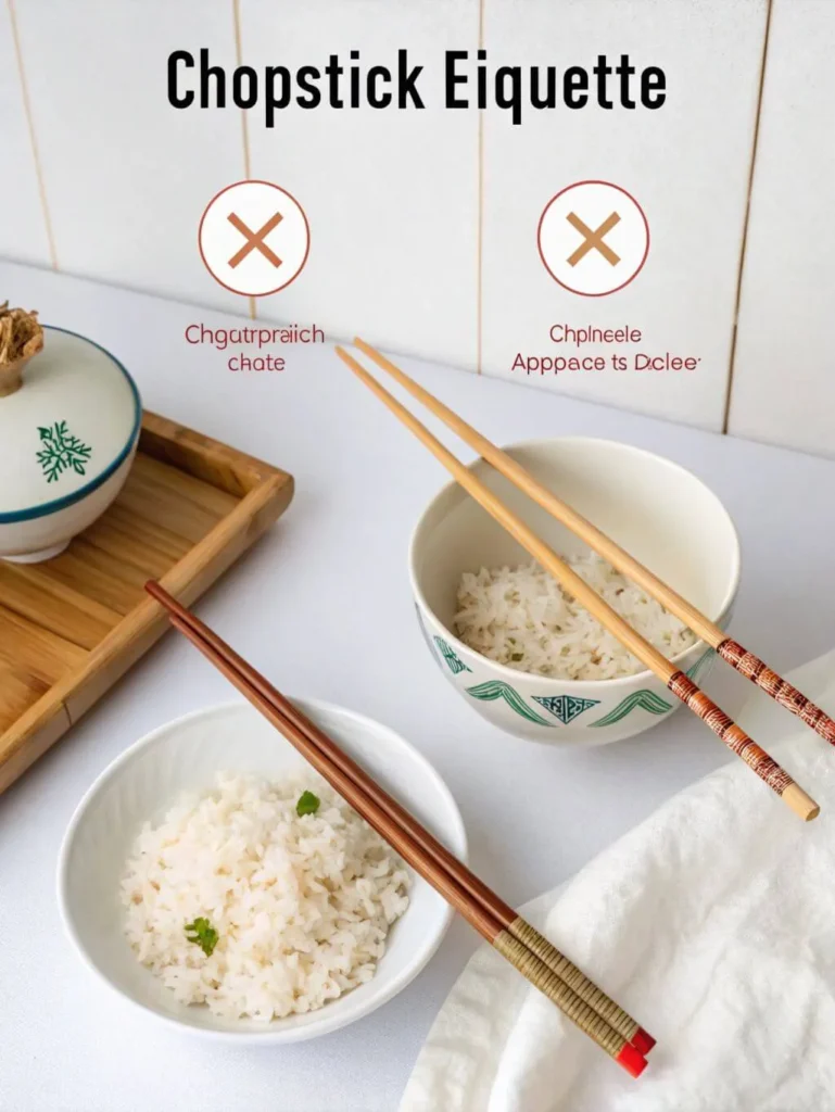 A white surface displays two bowls of white rice, illustrating proper and improper chopstick etiquette. In the foreground, a white bowl holds rice with a pair of red-tipped chopsticks resting neatly beside it, indicating correct placement. In the background, a blue-patterned bowl of rice has a pair of light-colored chopsticks stuck vertically into the rice, crossed out with a red 'X' and labeled with "Chgatprprach chate" (gibberish for an incorrect practice). Another light-colored bowl to the right also has chopsticks crossed over it, also marked with a red 'X' and labeled with "Chplneele Apppace ts Dclee" (gibberish for another incorrect practice). A wooden tray with a lidded ceramic container is in the background. The overall image teaches correct chopstick etiquette.